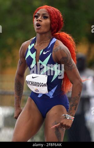 Sha'Carri Richardson celebrates after winning the women's 100-meter run