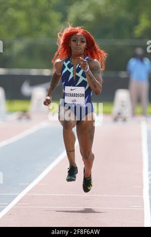 Sha'Carri Richardson (USA) wins the women's 100m in 10.72 during the Miramar Invitational, Saturday, April 10, 2021, in Miramar, Fla. Stock Photo