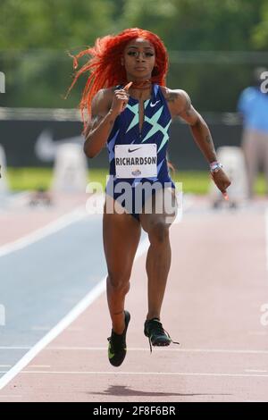 Sha'Carri Richardson (USA) wins the women's 100m in 10.72 during the Miramar Invitational, Saturday, April 10, 2021, in Miramar, Fla. Stock Photo