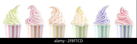 Row of six assorted ice cream flavours in differently styled twirls in colorful striped tubs isolated on white in a panorama banner or header for adve Stock Photo