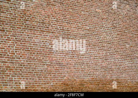 A very large wall of red bricks with some moisture in the lower part. Stock Photo