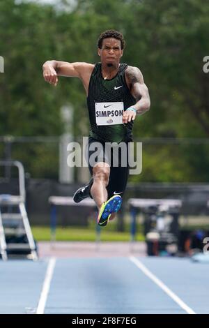 Damarcus Simpson (USA) places third in a wind-aided 26-5 (8.05m) during the Miramar Invitational, Saturday, April 10, 2021, in Miramar, Fla. Stock Photo