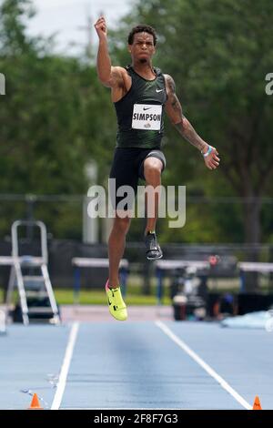 Damarcus Simpson (USA) places third in a wind-aided 26-5 (8.05m) during the Miramar Invitational, Saturday, April 10, 2021, in Miramar, Fla. Stock Photo