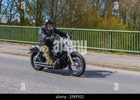 2011 Harley Davidson Fxdb Street Bob 1584 11; Motorbike rider; two wheeled transport, motorcycles, vehicle on British roads, motorbikes, motorcycle bike riders motoring in Manchester, UK Stock Photo