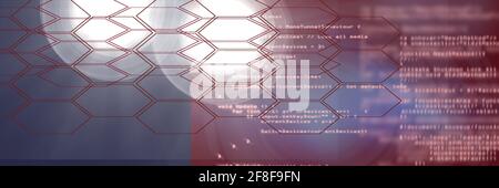 Computer code and 2d hexagon shapes against gradient background ...