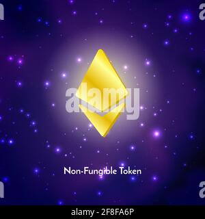 Ethereum golden sign on futuristic neon purple background, text NFT non fungible token, cryptocurrency banner. Stock Photo