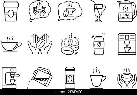 Set of coffee and tea vector line icons. Contain coffee beans, cup, coffee machine, cappuccino, hands with coffee, tea. Vector illustration Stock Vector