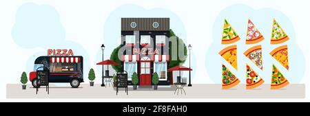 Big vector pizza set with food truck, pizzeria. Vector flat illustration slices of pizza, street food van and facade of a restaurant. Stylish retro Stock Vector