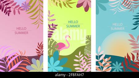 Set of abstract summer background designs for sale, banner, poster, postcard. Flat flowers, palm leafs, flamingo. Vector illustration Stock Vector