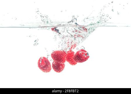 Raspberries splashing in water on white Stock Photo