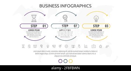 Infographics timeline with three steps, icons. Line data vector template. Used for diagram, business, web, banner, workflow layout, presentations Stock Vector