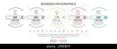 Infographics timeline with 5 steps, icons. Line data vector template. Used for diagram, business, web, banner, flowchart, info graph, content, levels Stock Vector