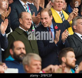 Twickenham, UK. 15th Oct, 2015. Prince Phillip The Duke Of Edinburgh, Prince William and Prince Harry watching the Rugby World Cup Final at Twickenham. New Zealand v Australia Final - Rugby World Cup 2015 Twickenham Stadium 31/10/2015 Credit: Mark Pain/Alamy Live News Stock Photo