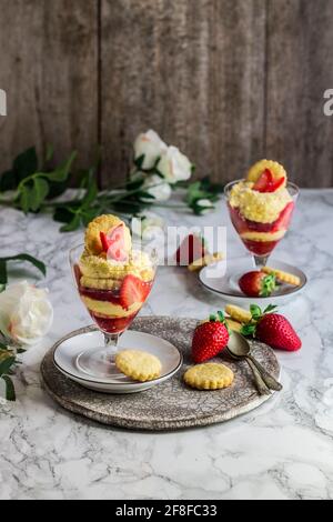 Tiramisù with coconut and strawberries Stock Photo