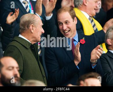 Twickenham, UK. 15th Oct, 2015. Prince Phillip The Duke Of Edinburgh, Prince William and Prince Harry watching the Rugby World Cup Final at Twickenham. New Zealand v Australia Final - Rugby World Cup 2015 Twickenham Stadium 31/10/2015 Credit: Mark Pain/Alamy Live News Stock Photo