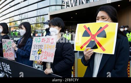 Seoul, South Korea. 14th Apr, 2021. People protest against Japan's decision to dump radioactive wastewater from the crippled Fukushima Daiichi nuclear power plant into the Pacific Ocean outside Japanese embassy in Seoul, South Korea, April 14, 2021. Credit: Xu Ruxi/Xinhua/Alamy Live News Stock Photo