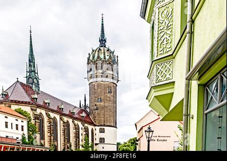 Castle church, Wittenberg, Germany, where reformation started; Schlosskirche, Lutherstadt Wittenberg, Sachsen-Anhalt, Deutschland Stock Photo