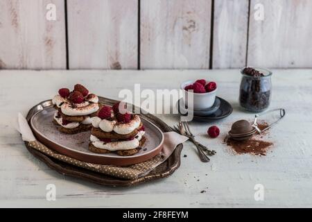 Tiramisù with condensed milk raspberries and cocoa beans Stock Photo