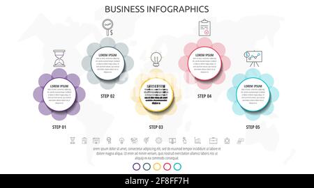 Infographics circles with five steps, icons. Timeline data vector template. Used for diagram, business, web, banner, workflow layout, presentations Stock Vector