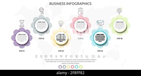 Infographics circles with six steps, icons. Timeline data vector template. Used for diagram, business, web, banner, presentations, flowchart, info Stock Vector