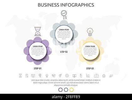 Infographics circles with 3 steps, icons. Timeline data vector template. Used for diagram, web, banner, workflow layout, presentations, flowchart Stock Vector