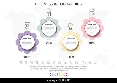 Infographics circles with four steps, icons. Timeline data vector template. Used for diagram, business, web, banner, workflow layout, flowchart Stock Vector