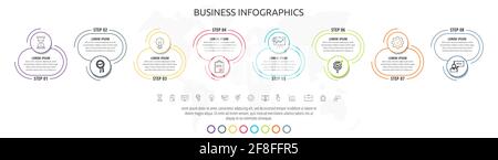 Line infographics circles with eight steps, labels. Timeline data vector template. Used for diagram, business, web, banner, workflow layout, presentat Stock Vector