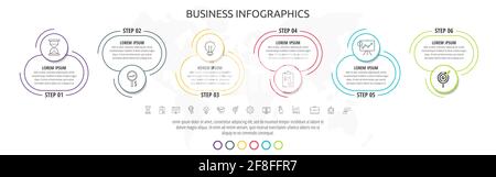 Line infographics circles with six steps, labels. Timeline data vector template. Used for diagram, business, web, banner, workflow layout, flowchart Stock Vector