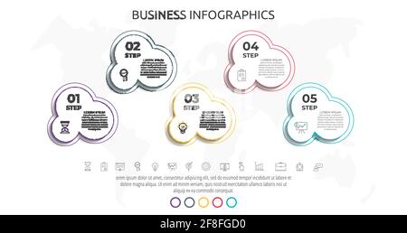 Line infographics circles with five steps, labels. Timeline data vector template. Used for diagram, business, web, banner, workflow layout, presentati Stock Vector