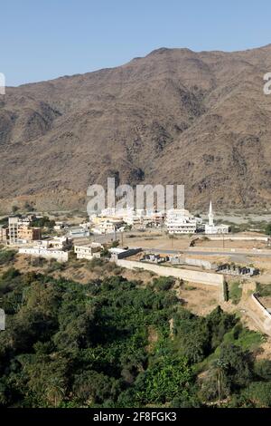 View from the Thee-Ain heritage site in Al-Baha, Saudi Arabia towards the village of the same name Stock Photo