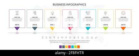 Line cards with 7 steps, arrows. Rectangular infographic. Frames timeline data vector template. Minimal design for diagram, business, presentations Stock Vector