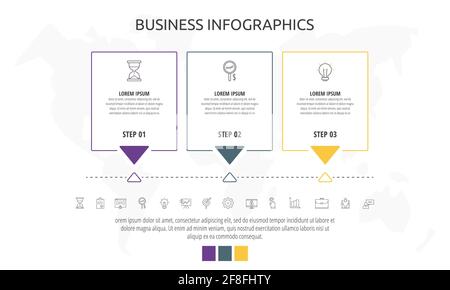 Line cards with three steps, arrows. Rectangular infographic. Frames timeline data vector template. Minimal design for diagram, business, web, banner Stock Vector