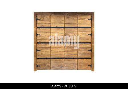 Wooden door on isolated white background. Old wooden exterior doors with decorative panels Stock Photo