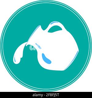 Flat drawing of the jug. Blue water jug, water is pouring. Dishes for liquid. Ceramics. Isolated, white. Vector Stock Vector