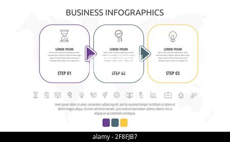 Line cards with three steps, arrows. Rectangular infographic. Frames timeline data vector template. Minimal design for diagram, business, web, banner Stock Vector