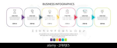 Line cards with six steps, arrows. Rectangular infographic. Frames timeline data vector template. Minimal design for diagram, business, web, workflow Stock Vector