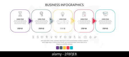 Line cards with five steps, arrows. Rectangular infographic. Frames timeline data vector template. Minimal design for diagram, web, banner, workflow Stock Vector