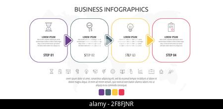 Line cards with four steps, arrows. Rectangular infographic. Frames timeline data vector template. Minimal design for diagram, business, web, banner Stock Vector