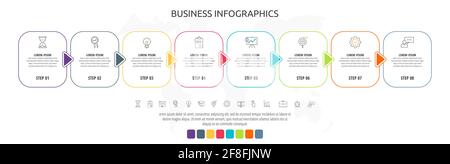 Line cards with eight steps, arrows. Rectangular infographic. Frames timeline data vector template. Minimal design for diagram, business, web, banner Stock Vector