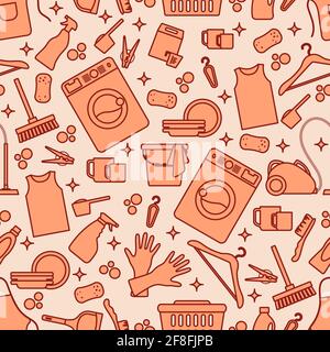 Vector Seamless pattern Illustration Cleaning Maid service Housekeeping Washing machine Crockery Detergents Iron Vacuum cleaner Professional hygiene s Stock Vector