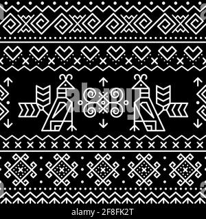 Slovak traditional folk art vector seamless geometric pattern with brids swirls, zig-zag shapes inspired by traditional painted art from Cicmany Stock Vector