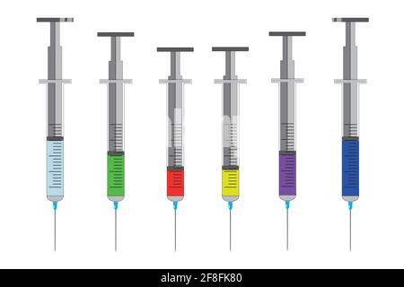 Set of syringes with different color liquids isolated on white background. Stock Vector