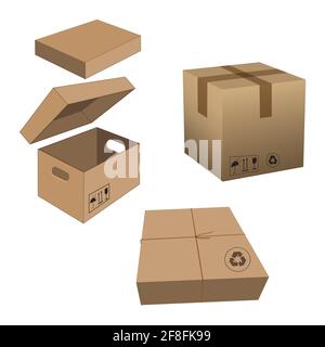 Vector set. of different carton boxes cloesed and open over white background. Stock Vector