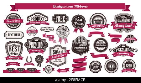Set of vintage badges and ribbons isolated on white background. Vector print illustration Stock Vector
