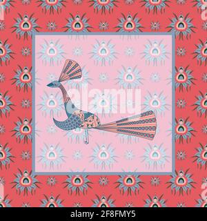 Pattern with CHRYSANTHEMES AND PEACCO. PATTERN IN CHINESE STYLE. STYLIZED PEACOCK. Vector illustration. Stock Vector