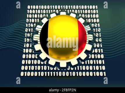 Binary code background with gear and flag of the Belgium. Algorithm binary, data code, decryption and encoding. 3D rendering Stock Photo