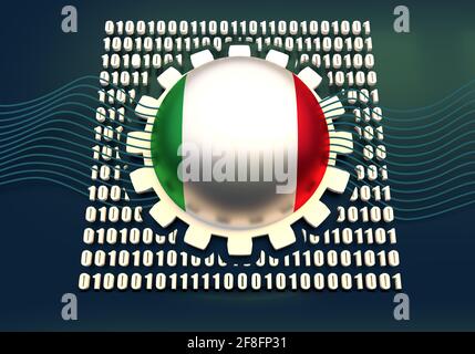Binary code background with gear and flag of the Italy. Algorithm binary, data code, decryption and encoding. 3D rendering Stock Photo