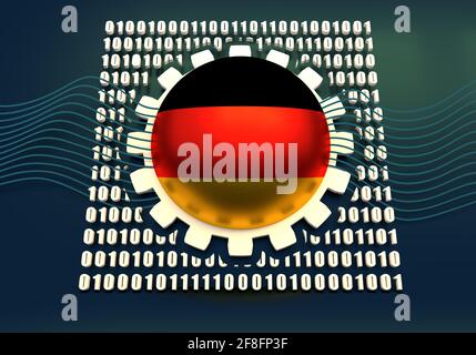Binary code background with gear and flag of the Germany. Algorithm binary, data code, decryption and encoding. 3D rendering Stock Photo