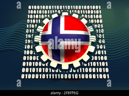 Binary code background with gear and flag of the Norway. Algorithm binary, data code, decryption and encoding. 3D rendering Stock Photo