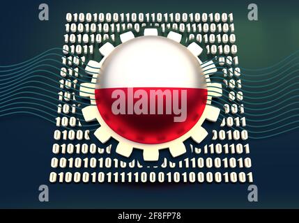 Binary code background with gear and flag of the Poland. Algorithm binary, data code, decryption and encoding. 3D rendering Stock Photo